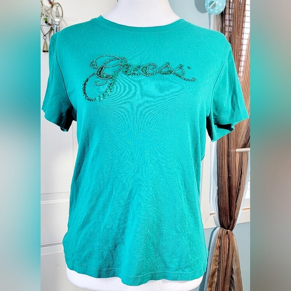 Guess Tops - Vintage Y2K Guess Babydoll Tee-Shirt Women's XL Teal W/ Sequin Logo 100% Cotton